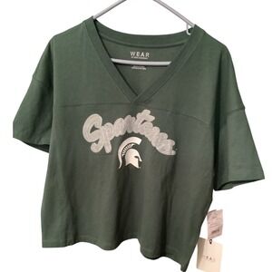 WEAR by Erin Andrews Michigan State Spartans Green Cropped V-Neck Jersey Tee L